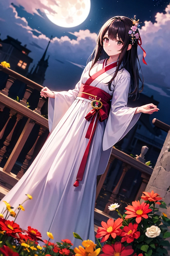 Highest quality, expensive_solve, clear_image, Detailed Background ,girl, hanbok,flower,garden,moon, night,Dutch Angle, Wide Shot, Crown,