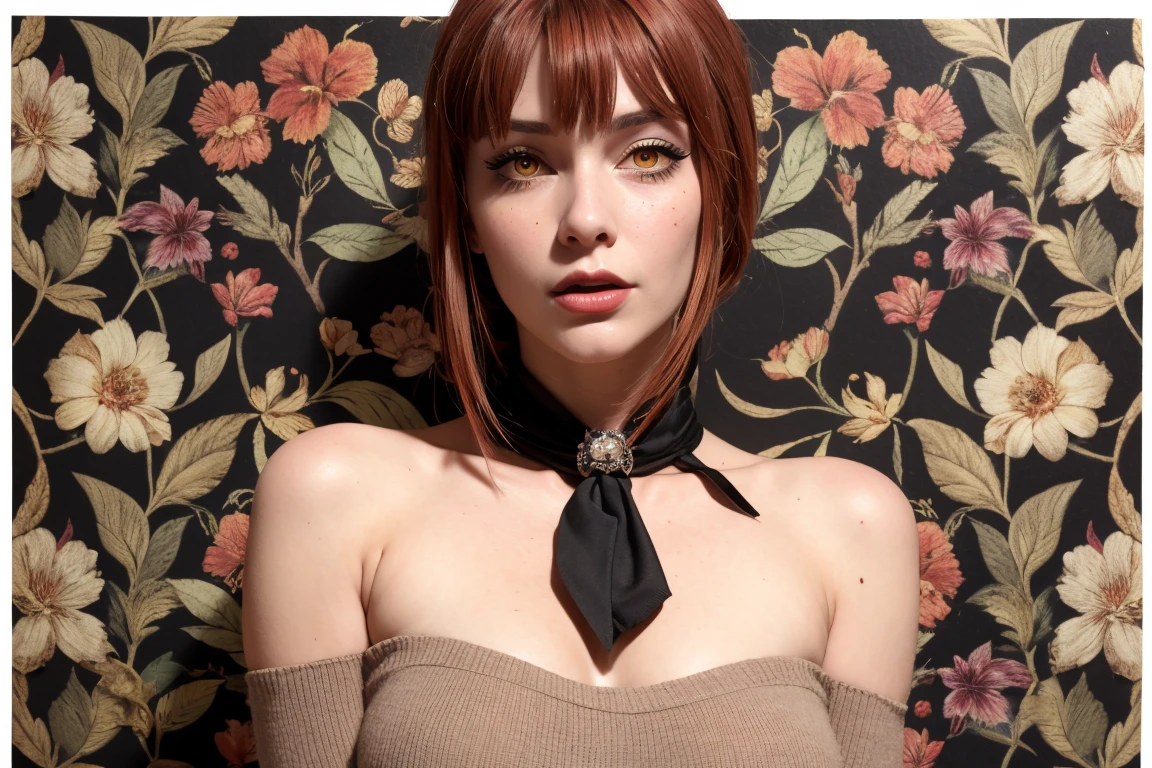 (masterpiece, best quality, highres, realistic, intricate details:1.2), (perfect beautiful detailed eyes:1.2), (glowing iris:1), (detailed light:1.2), rim lighting, 3/4 shot, (vintage photography:1.4), , (1950s style, pin-up, sexy:1.2), rebel, (muted colors:1.4), 1girl, 20 years old, brown retro updo, lipstick, blush, light freckles, medium breasts, thick thighs, pale skin, skindentaion, (red silk neck scarf), (black midriff off shoulder sweater:1.2), high waisted pleated tweed skirt, black thighhighs, (arms behind back), (1950s floral wallpaper background:1.1), makima\(chainsaw man\), red hair, yellow eyes, ringed eyes shoko_ieiri, eyebags, eyeshadow, makeup,
