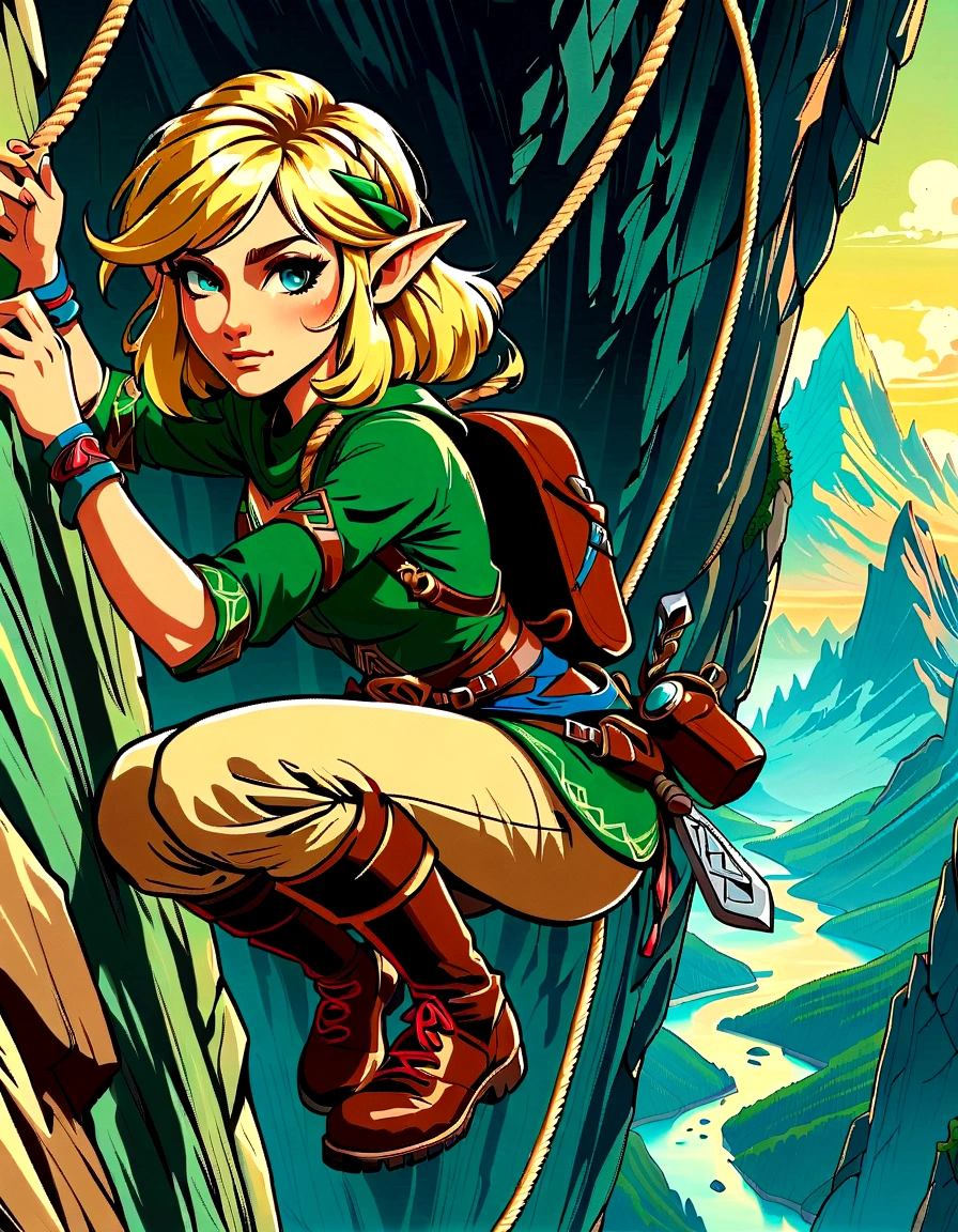 (best quality，8K，Ultra-high resolution，masterpiece)，very good，illustration，Princess Zelda，blonde，Blue Eyes，Green clothes，rock climbing，rope，Mountaineering，rock