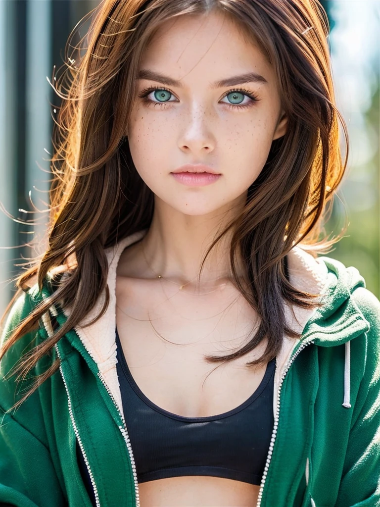 Girl with green eyes and brown hair has medium breasts has freckles and wearing a black hoodie, gloss