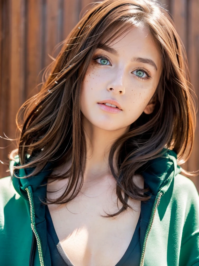 Girl with green eyes and brown hair has medium breasts has freckles and wearing a black hoodie, gloss