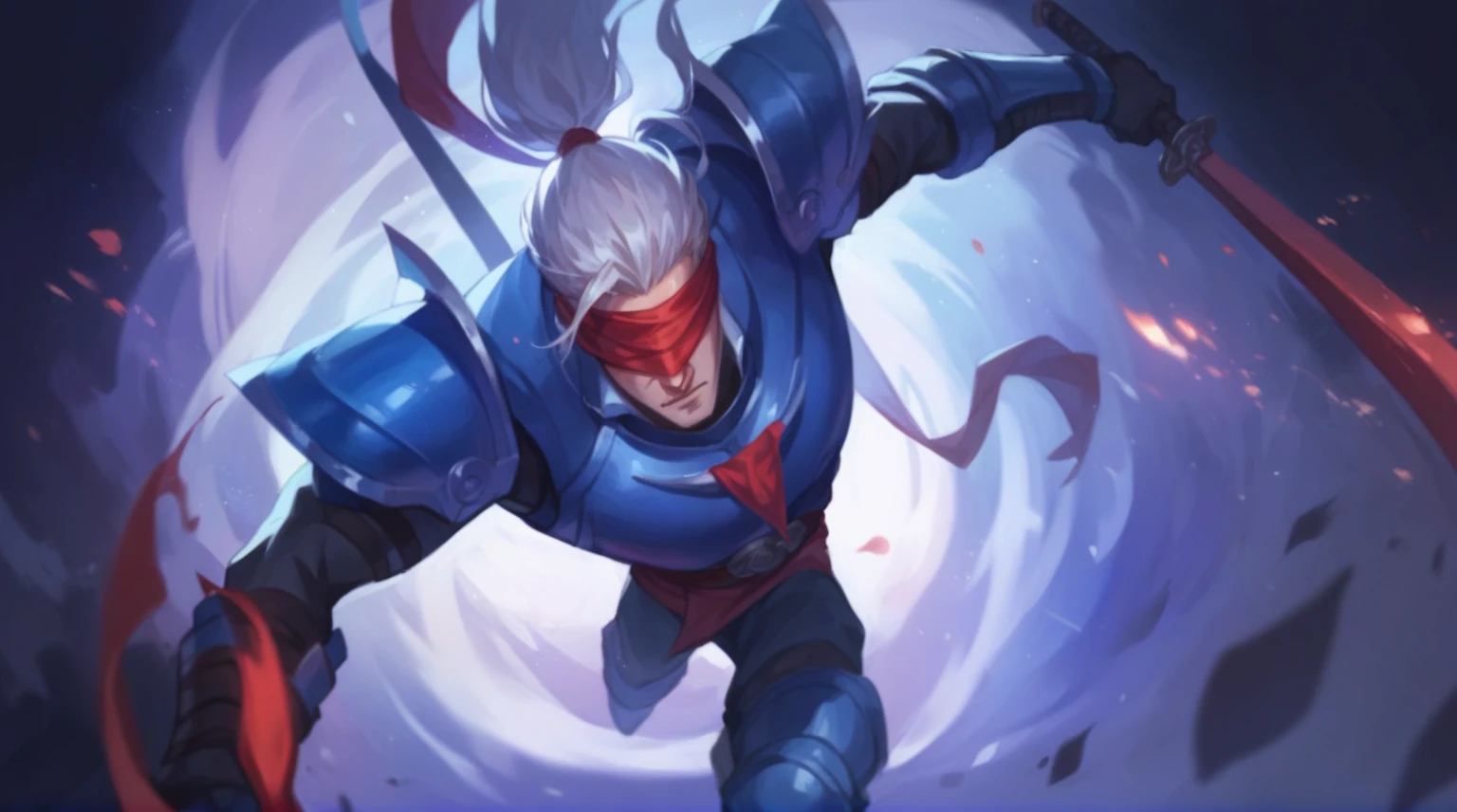 a man was carrying a sword and he was running fast, (white hair and eyes covered with red cloth and also wearing blue armor), it is said he was a ninja. 