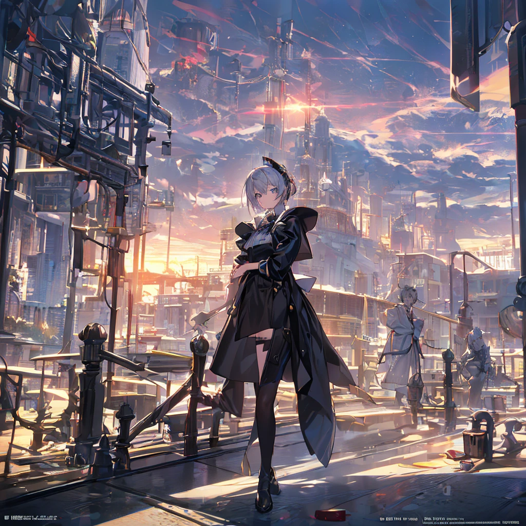 Illustration of one person, Dengeki Bunko, Woman Looking Back, Perfect Human Medicine, Woman keeps falling, {{{{{Maid clothes}}}}},Small Tits,anime, Two legs, Cool,{{{{{50 year old woman}}}}} ,{{{{{a person is depicted}}}}},(Official Art、{{{{{Upper Bodyアングル}}}}},Highest quality、Unity 8k wallpaper、32k、masterpiece、Ultra-detailed、Ultra-high resolution, Realistic、Grab your hair with your hands, Photorealistic:1.2)、(Cinema Lighting:1.2)、,Fire Glow Effect、The most grainy shadows on the film、Rim Light、Side light、Side Shot、(Ultra-detailedで複雑な3Dレンダリング)、Very short hair, Short wolf hair,細部までBeautiful Faceと目、Sharp pupils、Realistic生徒、Slender、Highly detailed background、Beautiful Face、Beautiful 16 year old girl、(Ultra-detailedなスキン、Detailed skin texture:1.Silver Hair:1.3)、Blunt bangs、blue eyes、{{{{{黒いMaid clothes}}}}}、White apron costume、Black knee socks、(Thighs Thighs Thighs Thighs:0.8)、Black Bhutanese sticks and a beautiful sunset、Medieval castle、Dancing on the Tower Roof、(avert your eyes、Overlooking the city:1.3)、Fantastic、Close your mouth and bite, Makes your face smaller, (Tabletop), Highest quality, Perfect Face, 1 Girl, alone, Eye color is light blue, Hair between the eyes, Very Short Hair, blue eyes, Silver Hair, Knee-high boots, corset,Black gloves, Long sleeve, Upper Body,