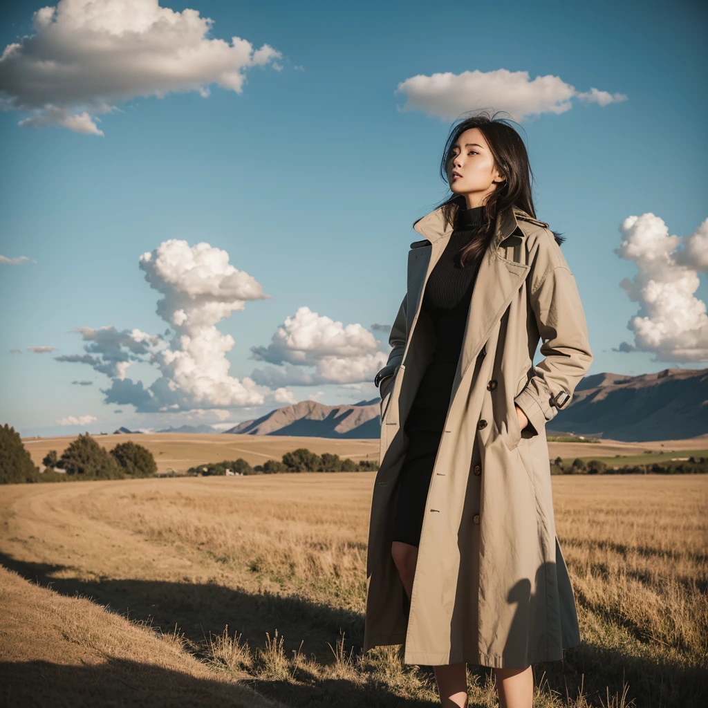 in the middle of a field of tall, dry grass, a woman stands with a blue sky and several clouds behind her, this woman is wearing a trench coat and appears to be holding several stalks of grass, aesthetic composition, contrast between natural setting and stylish clothing