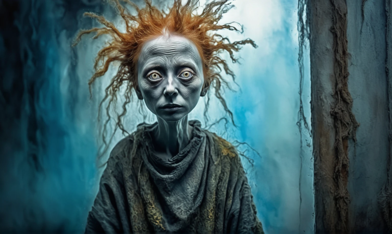 full body length shot,beggar graphite Manganite sparas, wants eat,survival indoor Korean psychiatric clinic,Cinematic,soft colors, Technicolor,natural skin textures, hyper realism, hyper detailed,Extremely detailed,High contrast,Masterpiece,Realistic,Ultra Detailed, intricate details,realistic humid leather,extremely intricate,Epic Realistic, cinematic style,irina yermolova,high contrast,hdr,extremely detailed, masterpiece,intricate details,faded,eyes extremely detailed, high detailed eyes,16k resolution,RAW,retina, Nikon Z9,tkt style, Pisces,perfect, ginger，transition between two art styles, Ink painting to photorealism, Double contact, X-ray, Creative, vivid light, masterpiece, fantasy, Abstract, Surrealism, super detailed, high resolution, stop:35,(((creature with a spectral and ghostly appearance)). Her skin is pale, almost translucent.strange wears ,  half-face, without eyes 