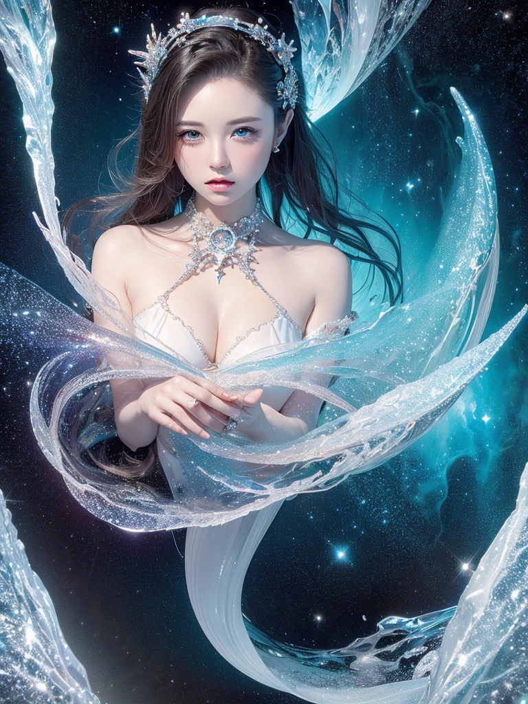 Painting of beautiful young woman,jewelry,Mysterious Wave. 3d. white,shallow. The beauty of cosmic fusion. Nebula Reflection Surrealism. Glass texture,translucent,crystallization