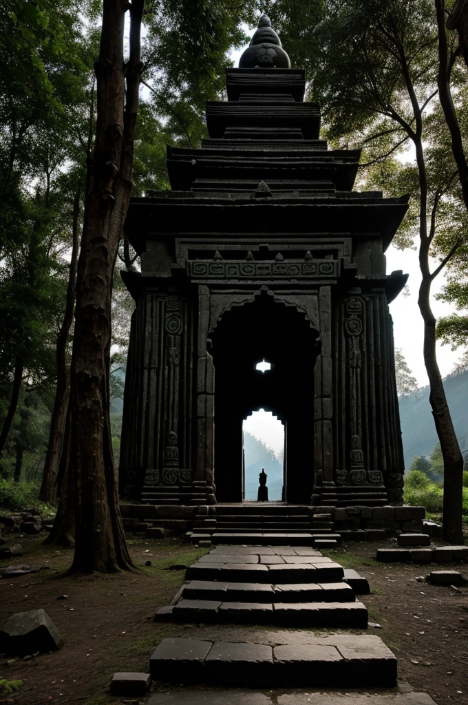 Make a picture of an ancient Black Stone Mahadev temple on a road side in woods less light and Ghosty looks in kashmir