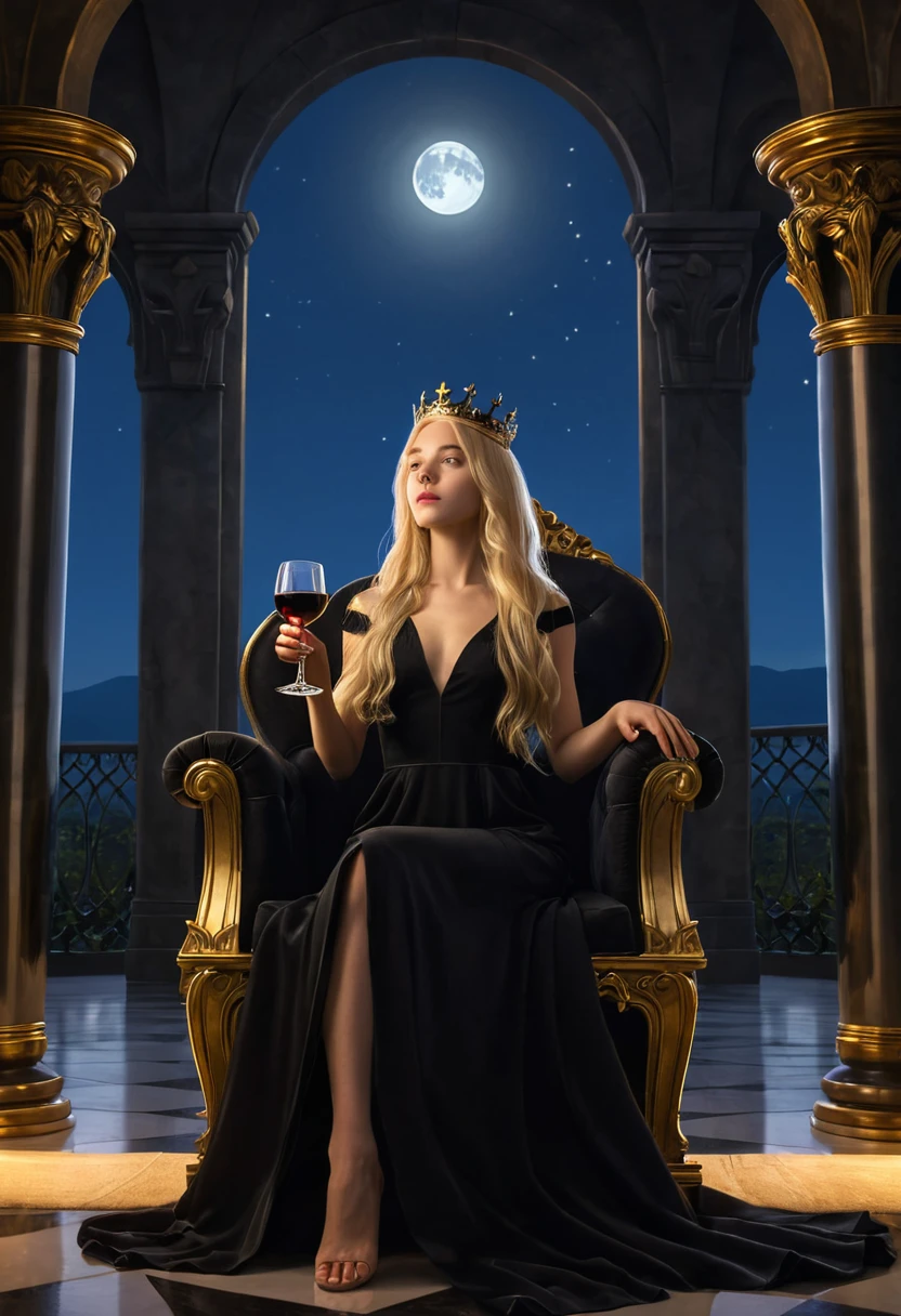 1girl, black dress, holding wineglass, sitting on a royla throne, throneroom, blonde hair, long hair, dusk, midnight, moonlight reflection, from below, air of superiority