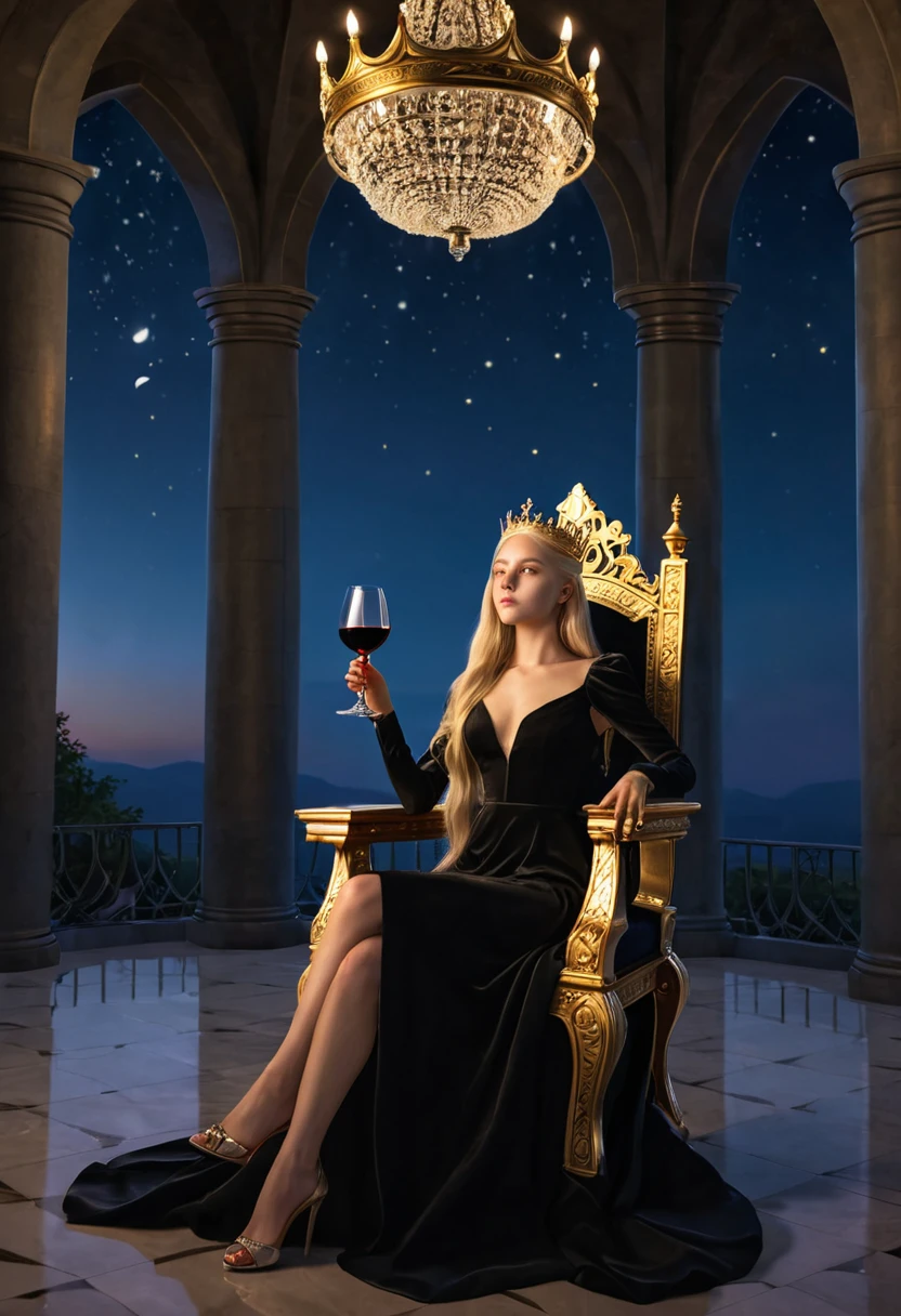 1girl, black dress, holding wineglass, sitting on a royla throne, throneroom, blonde hair, long hair, dusk, midnight, moonlight reflection, from below, air of superiority