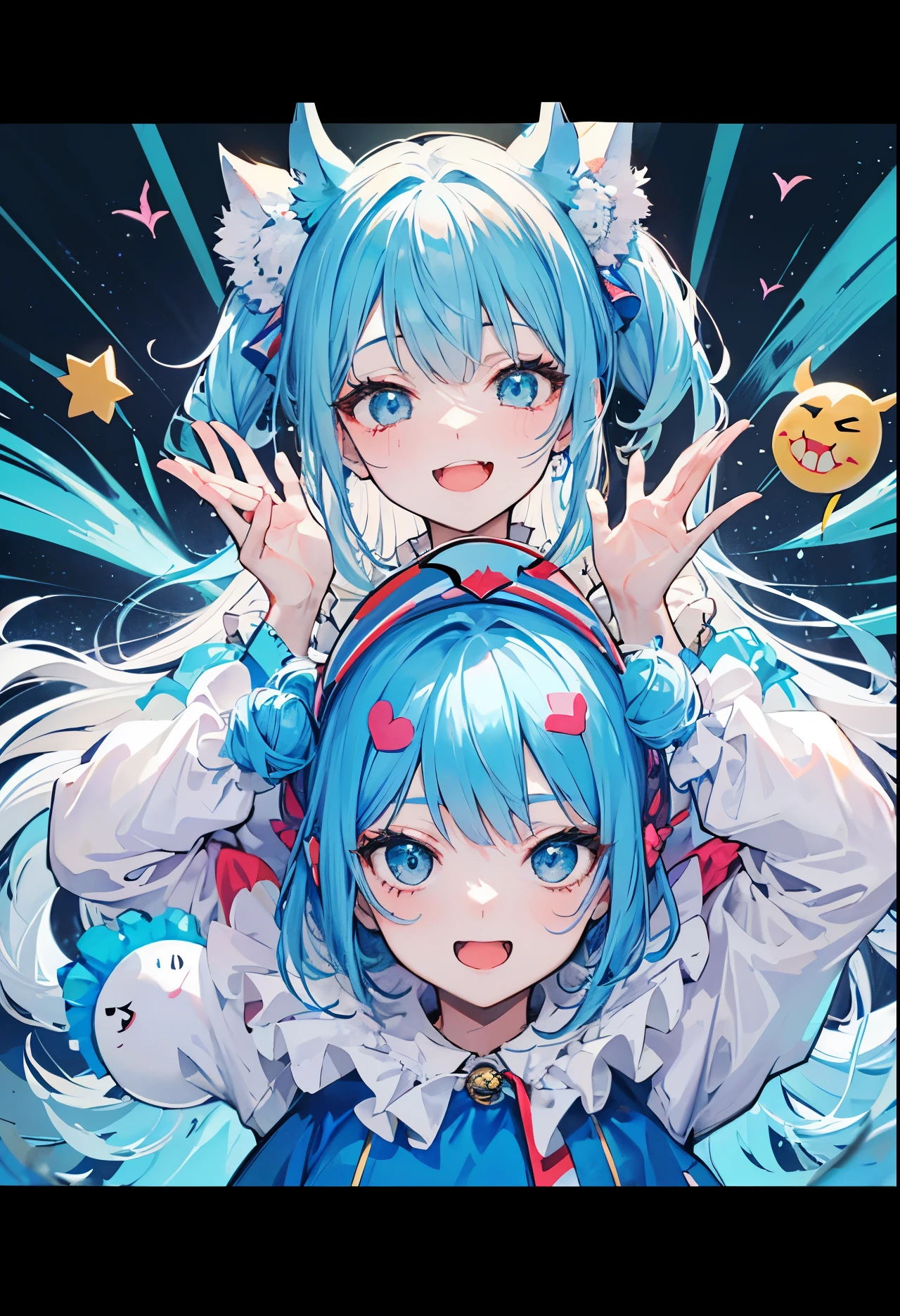 Circus clown style sweet girl,Blue,Super cute,clown mask,Perfect face,Double tail,Blue and white skirt,Laughter and ridicule,Sadistic,Sense of Madness,Horror,Elusive