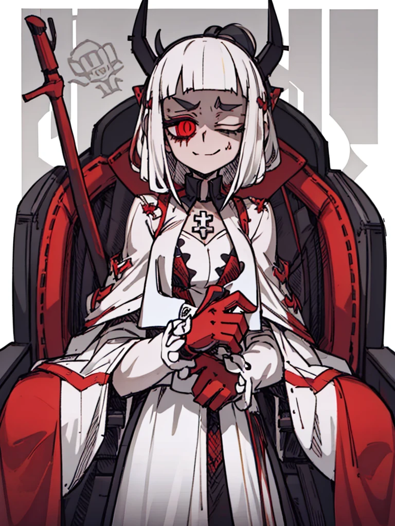 Score_9, score_8_up, score_7_up, score_6_up, gyaru, source_anime, 1girl, solo, macabre and sinister woman, long hair that covers the eyes, sinister and macabre smile, Eyes red, short white dress.