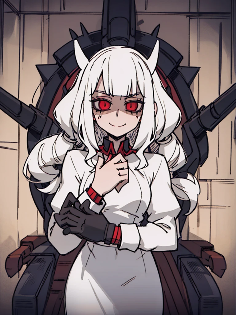 Score_9, score_8_up, score_7_up, score_6_up, gyaru, source_anime, 1girl, solo, macabre and sinister woman, long hair that covers the eyes, sinister and macabre smile, Eyes red, short white dress.