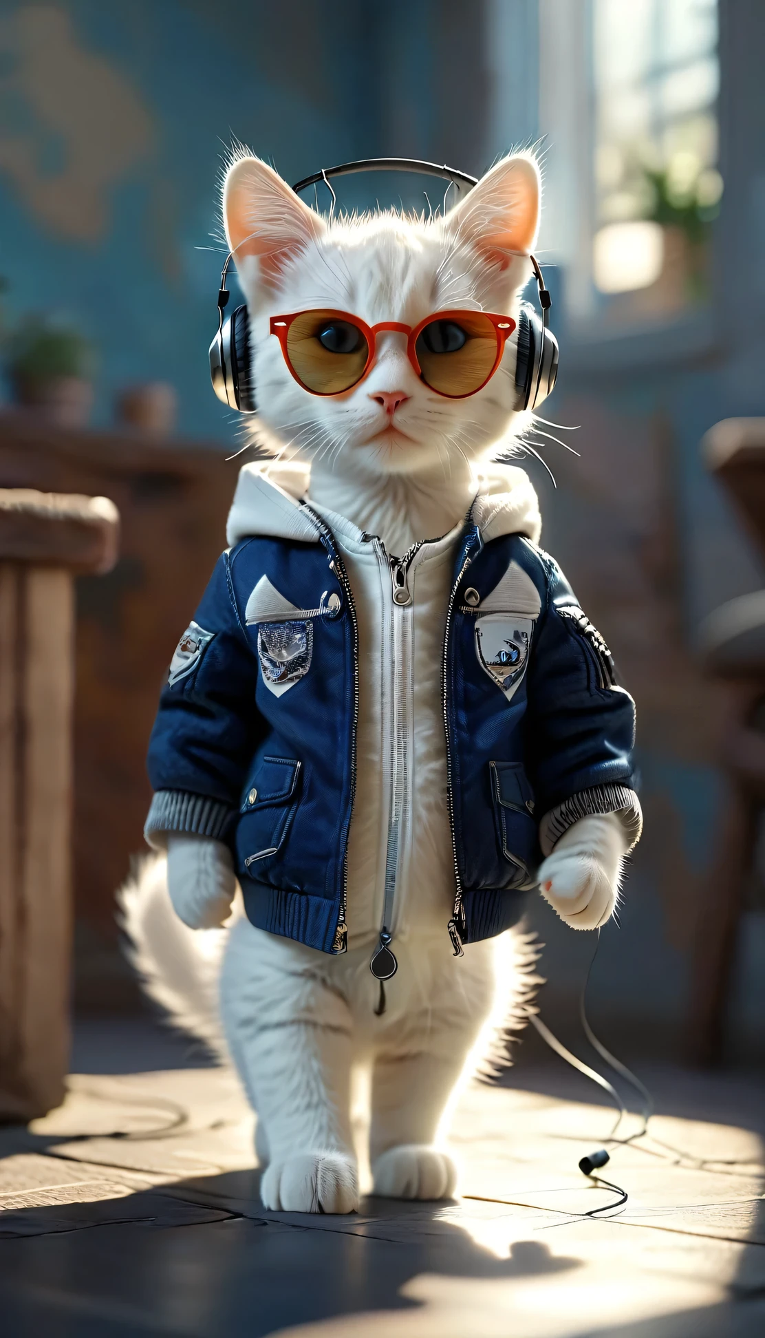 Perfect centering, cute little white cat, Wear a jacket, Wearing sunglasses, Wearing headphones, cheerfulness, Standing position, Abstract beauty, Centered, Looking at the camera, Facing the camera, nearing perfection, Dynamic, Highly detailed, smooth, Sharp focus, 8K