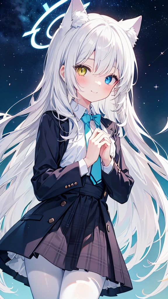Angel翅膀,Angel,Blue Halo,White pantyhose,White hair,Long hair,Cat ear,Heterochromia(Left blue right yellow),Smile,female face,There are bright spots in the eyes,Female hands,White little hands,Normal fingers,flat chest,Starry Sky