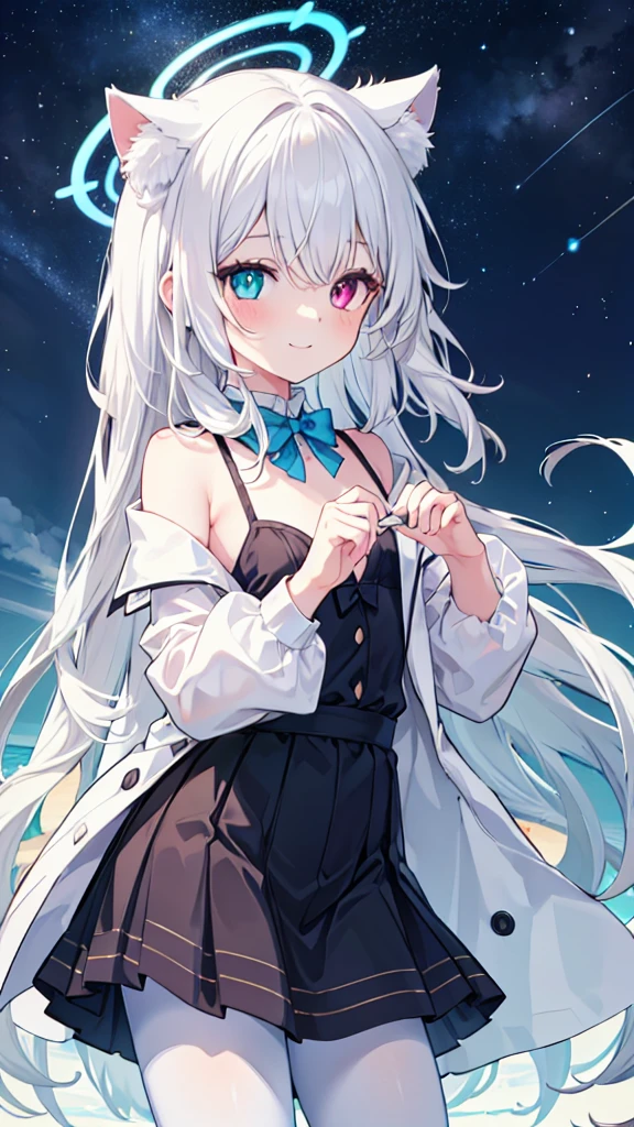 Angel翅膀，Angel，Blue Halo，White pantyhose，White hair，Long hair，Cat ear，Heterochromia（Left blue right yellow），Smile，female face，There are bright spots in the eyes，Female hands，White little hands，Normal fingers，flat chest，Starry Sky