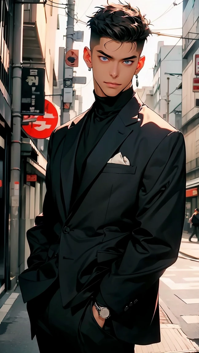 highest quality, 8K, high resolution image, anime style Jujutsu Kaisen, detailed strokes, slightly tanned skin, blurry, purple light reflecting from it, (close angle), 1 man, young, male, model, cool guy, muscular, blue Eyes, brown very short hair, brown hair, short hair, hairstyle: undercut, swollen chest, he is wearing a suit jacket and sweatpants, hand in trouser pocket, gold link chain, background: city, Tokyo, business district