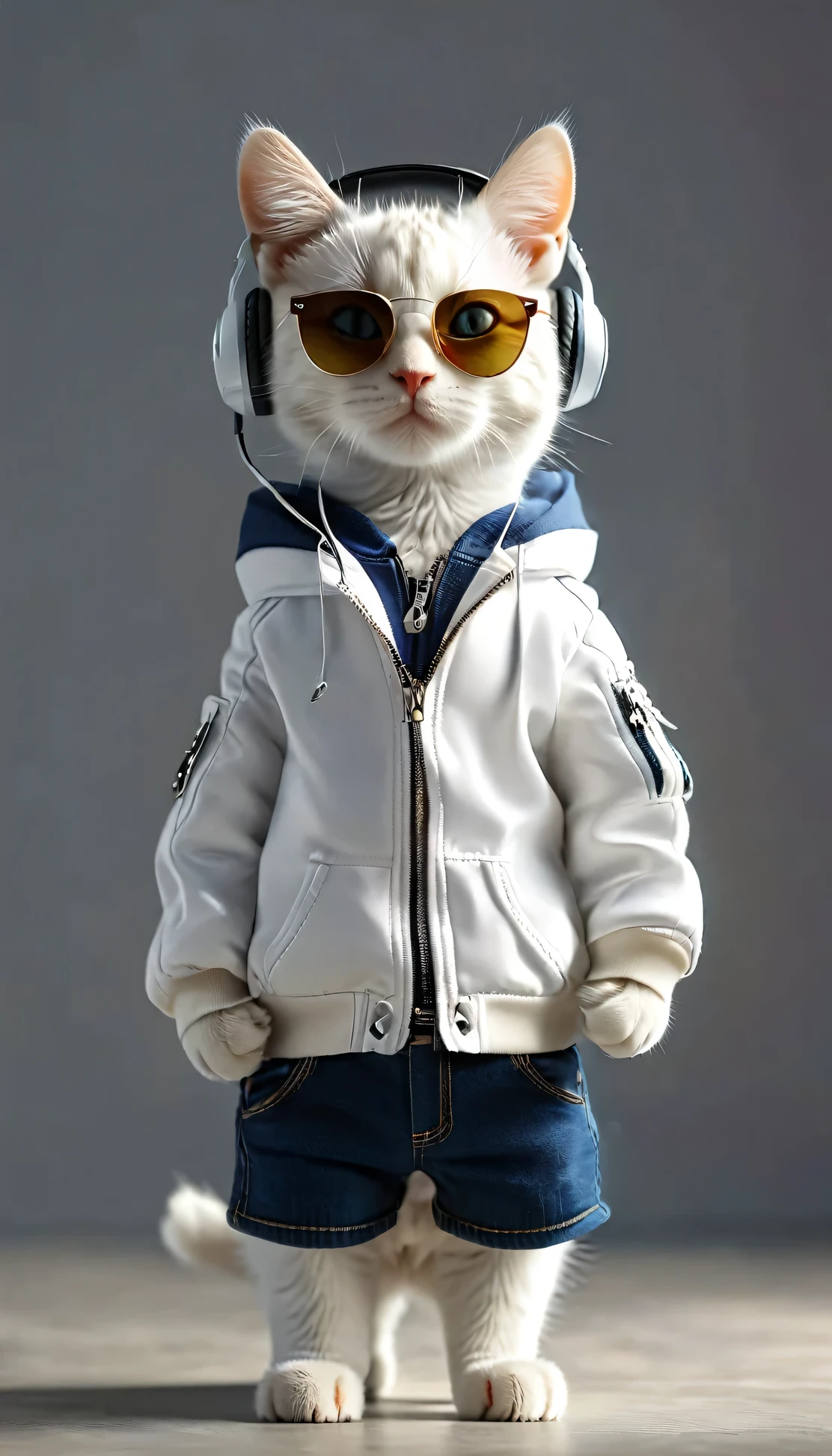 Perfect centering, cute little white cat, Wear a jacket, Wearing sunglasses, Wearing headphones, cheerfulness, Standing position, Abstract beauty, Centered, Looking at the camera, Facing the camera, nearing perfection, Dynamic, Highly detailed, smooth, Sharp focus, 8K