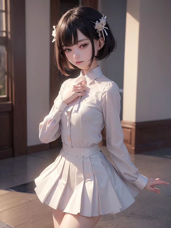 (masterpiece、Highest quality:1.7)、(:1.5)、(Above the knee shot:1.5)、((Bobcut))、Black Hair、85mm、16K、Official Art、RAW Photos、Best Beautiful Faces、Close-up、Violet、Gardenia、((The best beautiful girl、very cute))、Red blush on cheeks、((indoor))、(Are standing:1.8)、Film Grain、Chromatic Aberration、Sharp Focus、(((Nice hands、Perfect hands、Perfect Fingers、Thin and delicate fingers、A perfect body without flaws)))、Detailed face、(Slender body:1.5)、(Slender body:1.4)、(Small breasts:1.7)、(Narrow thighs:1.4)、(Let your bangs hang down:1.8)、(Blushing:1.8)、(Low contrast lighting:1.2)、(White tight business blouse with collar:1.5)、(White bow tie blouse:1.3)、(Long sleeve: 1.5)、(White pleated mini skirt:1.5)、(Eyes closed:1.5)、(Skirt is rolling up 1.8)