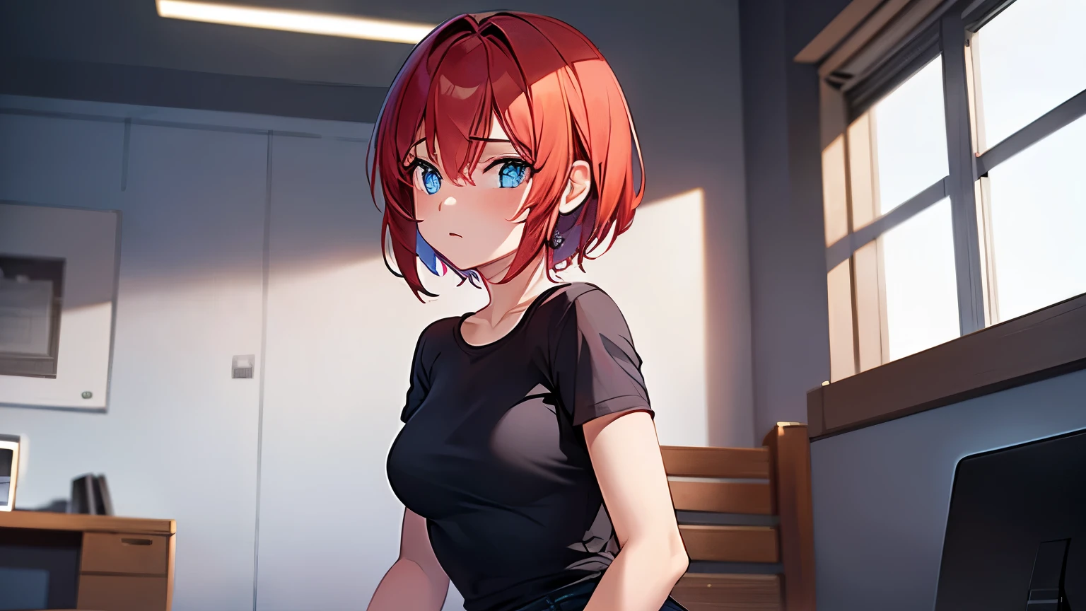 1 girl, (well shaped body), (Alone), 19 years, HDR, short red hair, blue eyes, blue short sleeve t-shirt, black pants. sitting in an office.