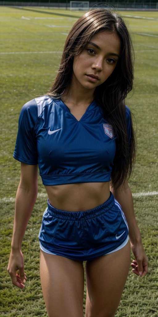 Melanie Rios, straight hair, thin body, expressive eyes, above view, looking to the viewer, above camera, close camera, playing soccer, short clothes, tight clothes, sport clothes, dark blue clothes, sun light, soccer field, running, sexy, teasing, standing, submissive, slave