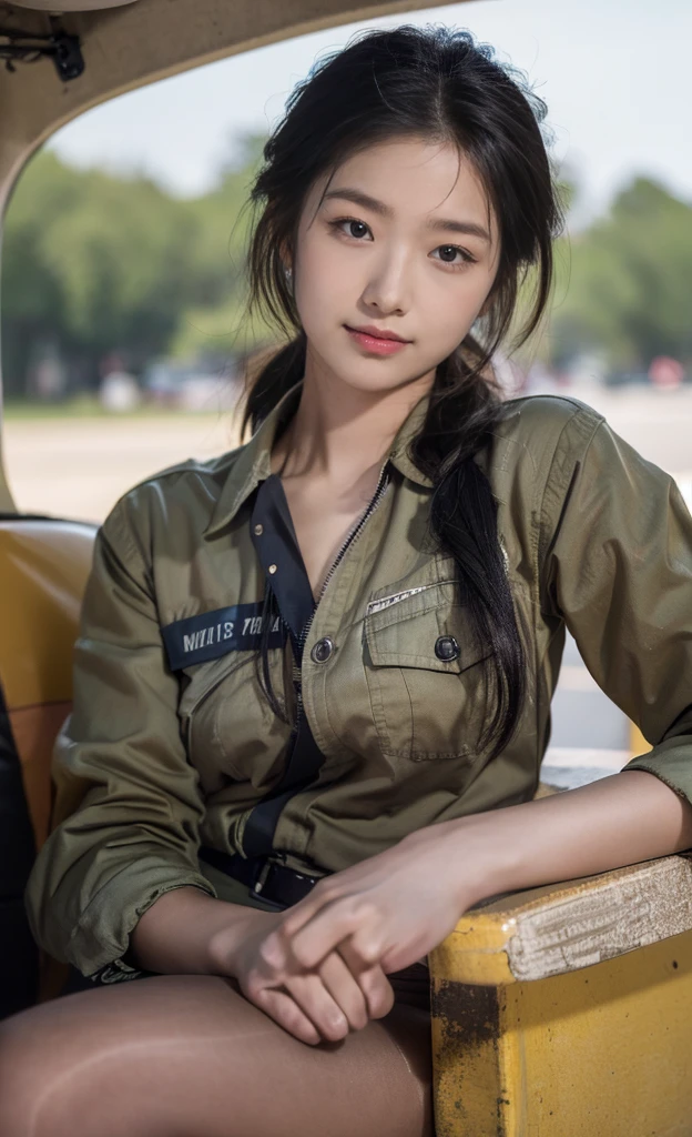 Photorealism、HD resolution,Realistic skin texture、18-year-old Korean female soldier in the US military,full-body shot,Beautiful and delicate face,A gentle smile facing the camera,Wearing sexy military uniform,Automatic Rifle,Military helicopter in the background