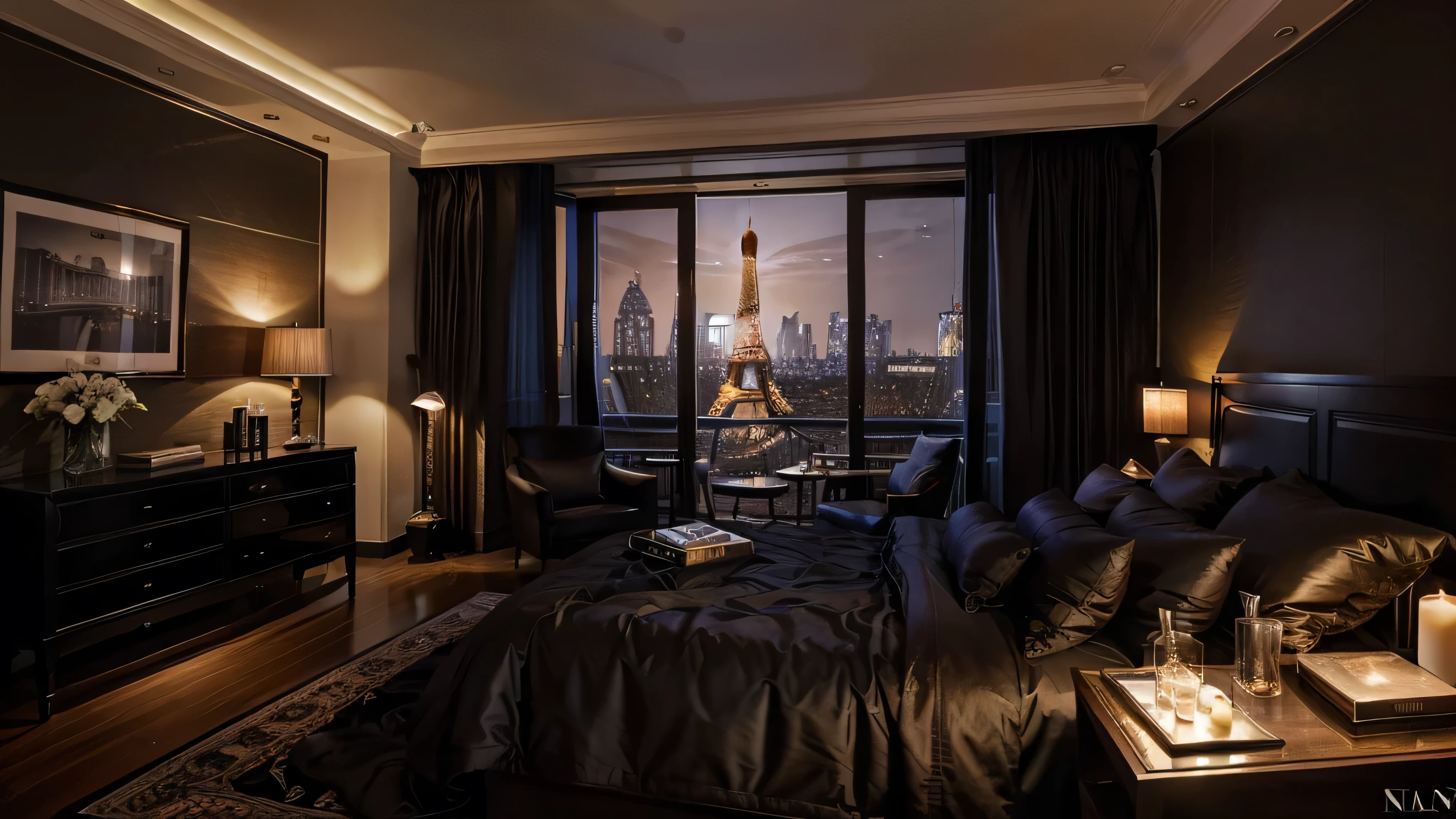 dark modern bed room with candle and a book shelf, neo-romanticism, maximalism, by Raymond Han, luxury hotel calm, floor to ceiling window, picture of an interior loft, living room vibe, large windows background eiffel tower and starly night