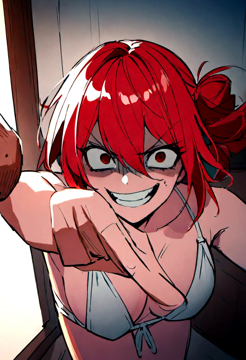 Red hair、Bikini、punch、Scary smile、office、Daytime、punching,Front facing