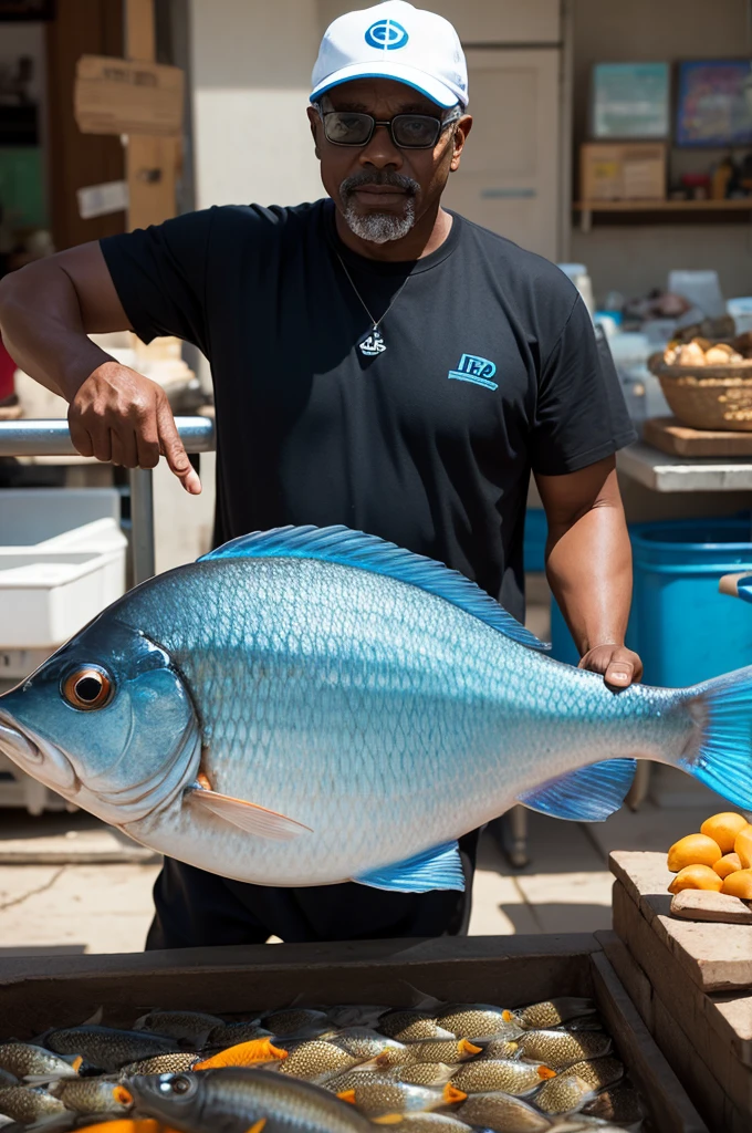 60 year old black man, selling fish, 3D pixar animation