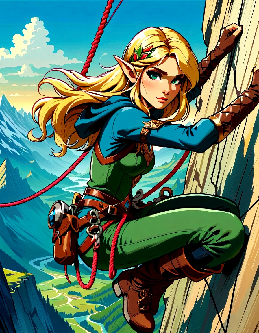 (best quality，8K，Ultra-high resolution，masterpiece)，very good，illustration，Princess Zelda，blonde，Blue Eyes，Green clothes，Rock climbing action，Steep，rope，Mountaineering，rock