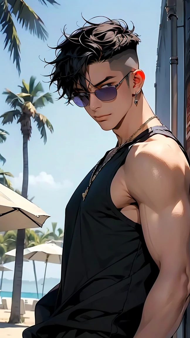 highest quality, 8K, high resolution image, anime style Jujutsu Kaisen, detailed strokes, slightly tanned skin, blurry, purple light reflecting from it, (close angle), 1 man, young, male, model, cool guy, muscular, blue Eyes, brown very short hair, brown hair, short hair, hairstyle: undercut, swollen chest, he is wearing a tank top sunglasses and sweatpants, hand in trouser pocket, gold link chain, background: Beach, sea, blue sky, palm trees