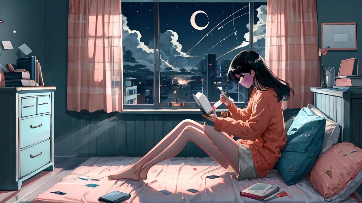 Line art,
One girl, alone, Long Hair, Black Hair, Long sleeve, Sitting, null, Shorts, barefoot, cloud, indoor, pillow, Book, barefoot, window, bed, night, on bed, stuffed toy, moon, 動物のstuffed toy, curtain, star (null), night null, machine, starry null, bubble, teddy bear, pajamas, clock, Bookshelf, lamp, bedroom, crescent moon, shelf,