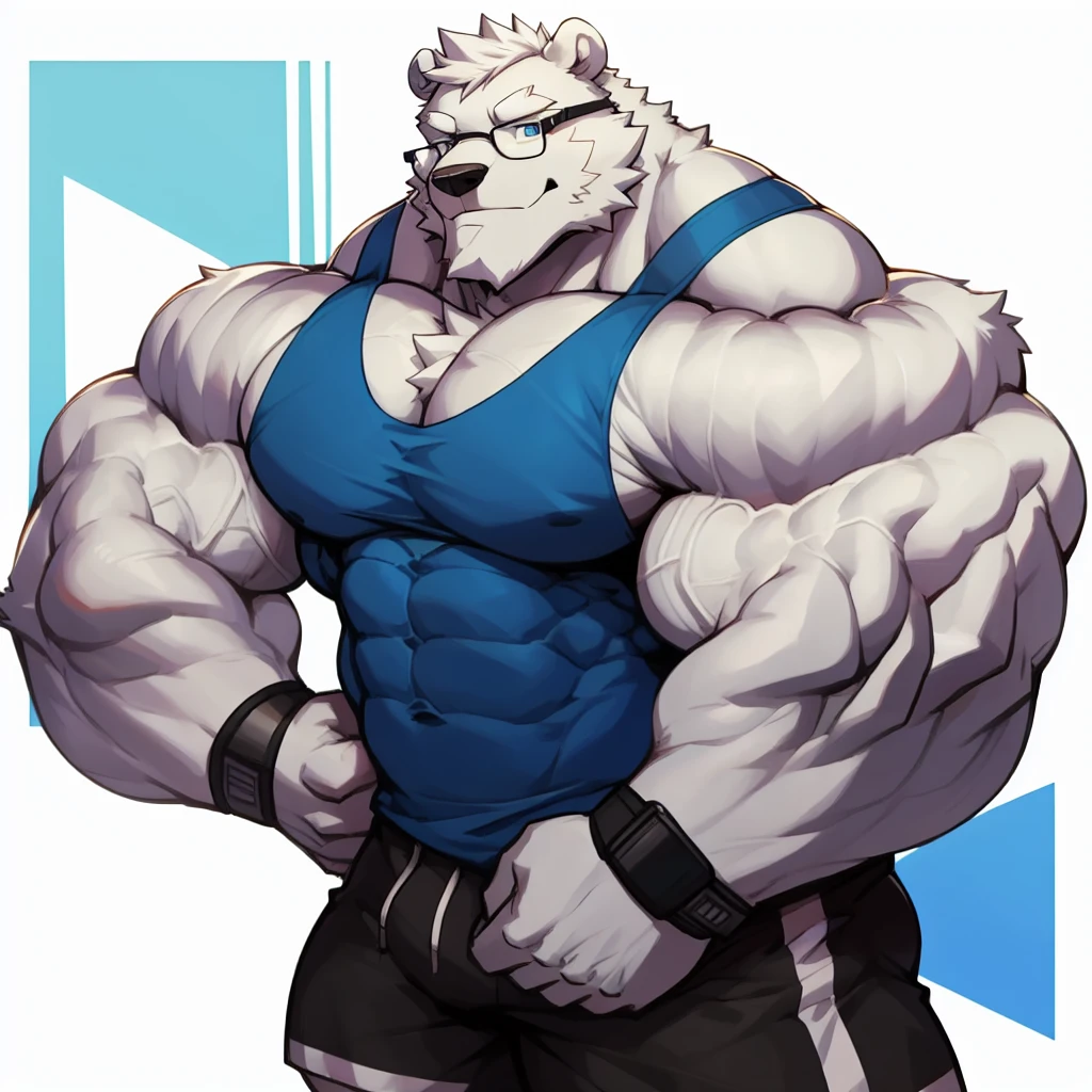 solo, 1boy, Huge Muscular White Polar Bear wearing glasses, huge white fur, pectoral, huge pectoral, wide pectoral, short white hair, blue colored short pants, blue colored wristbands and blue colored tank top, white bearded, white Mustache, white fur, simple background, masterpiece, high detailed, 8k, high resolution, at the gym, flexes huge muscles, looking at the viewer, acfing all sexy