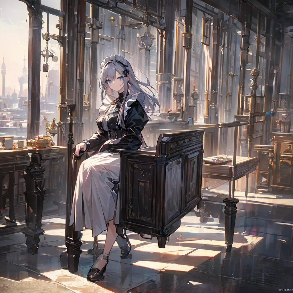 Illustration of one person, Dengeki Bunko, Woman Looking Back, Perfect Human Medicine, Woman keeps falling, {{{{{Maid clothes}}}}},Small Tits,anime, Two legs, Cool,{{{{{50 year old woman}}}}} ,{{{{{a person is depicted}}}}},(Official Art、{{{{{Upper Bodyアングル}}}}},Highest quality、Unity 8k wallpaper、32k、masterpiece、Ultra-detailed、Ultra-high resolution, Realistic、Grab your hair with your hands, Photorealistic:1.2)、(Cinema Lighting:1.2)、,Fire Glow Effect、The most grainy shadows on the film、Rim Light、Side light、Side Shot、(Ultra-detailedで複雑な3Dレンダリング)、Very short hair, Short wolf hair,細部までBeautiful Faceと目、Sharp pupils、Realistic生徒、Slender、Highly detailed background、Beautiful Face、Beautiful 16 year old girl、(Ultra-detailedなスキン、Detailed skin texture:1.Silver Hair:1.3)、Blunt bangs、blue eyes、{{{{{黒いMaid clothes}}}}}、White apron costume、Black knee socks、(Thighs Thighs Thighs Thighs:0.8)、Black Bhutanese sticks and a beautiful sunset、Medieval castle、Dancing on the Tower Roof、(avert your eyes、Overlooking the city:1.3)、Fantastic、Close your mouth and bite, Makes your face smaller, (Tabletop), Highest quality, Perfect Face, 1 Girl, alone, Eye color is light blue, Hair between the eyes, Very Short Hair, blue eyes, Silver Hair, Knee-high boots, corset,Black gloves, Long sleeve, Upper Body,