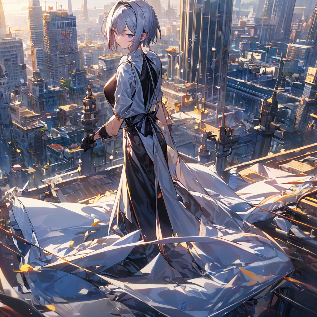 Illustration of one person, Dengeki Bunko, Woman Looking Back, Perfect Human Medicine, Woman keeps falling, {{{{{Maid clothes}}}}},Small Tits,anime, Two legs, Cool,{{{{{50 year old woman}}}}} ,{{{{{a person is depicted}}}}},(Official Art、{{{{{Upper Bodyアングル}}}}},Highest quality、Unity 8k wallpaper、32k、masterpiece、Ultra-detailed、Ultra-high resolution, Realistic、Grab your hair with your hands, Photorealistic:1.2)、(Cinema Lighting:1.2)、,Fire Glow Effect、The most grainy shadows on the film、Rim Light、Side light、Side Shot、(Ultra-detailedで複雑な3Dレンダリング)、Very short hair, Short wolf hair,細部までBeautiful Faceと目、Sharp pupils、Realistic生徒、Slender、Highly detailed background、Beautiful Face、Beautiful 16 year old girl、(Ultra-detailedなスキン、Detailed skin texture:1.Silver Hair:1.3)、Blunt bangs、blue eyes、{{{{{黒いMaid clothes}}}}}、White apron costume、Black knee socks、(Thighs Thighs Thighs Thighs:0.8)、Black Bhutanese sticks and a beautiful sunset、Medieval castle、Dancing on the Tower Roof、(avert your eyes、Overlooking the city:1.3)、Fantastic、Close your mouth and bite, Makes your face smaller, (Tabletop), Highest quality, Perfect Face, 1 Girl, alone, Eye color is light blue, Hair between the eyes, Very Short Hair, blue eyes, Silver Hair, Knee-high boots, corset,Black gloves, Long sleeve, Upper Body,