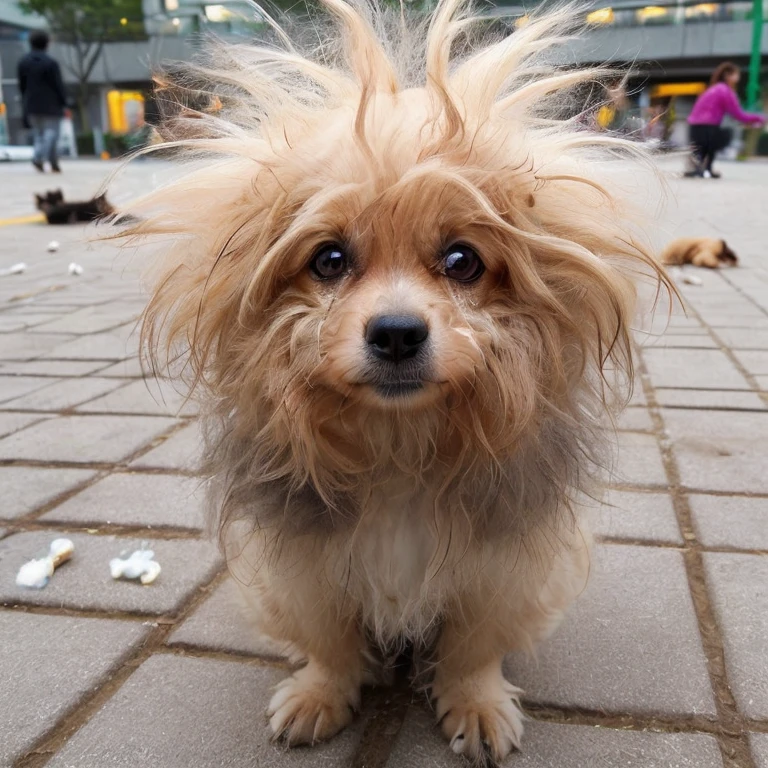 Transform this image so that the dog looks very sad. Add visual elements that convey sadness, such as teary eyes, drooping ears, and a body posture that reflects discouragement. Use a darker color palette and a background that emphasizes the feeling of melancholy