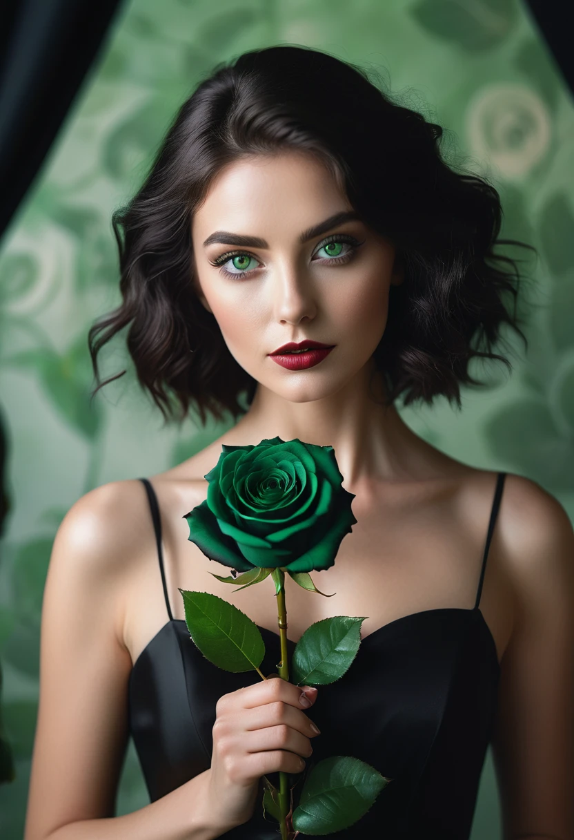 a woman with green eyes, flawless skin, half body shot, holding a black rose, whimsical photography style, captured with an Arriflex 35BL camera using Canon K25 prime lenses, cinematic, dramatic lighting, ultra clear, breathtaking surreal masterpiece.