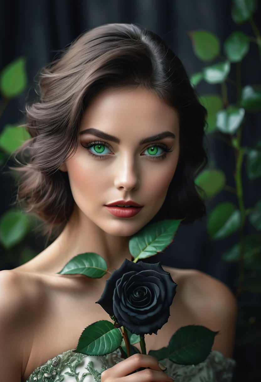 a woman with green eyes, flawless skin, half body shot, holding a black rose, whimsical photography style, captured with an Arriflex 35BL camera using Canon K25 prime lenses, cinematic, dramatic lighting, ultra clear, breathtaking surreal masterpiece.