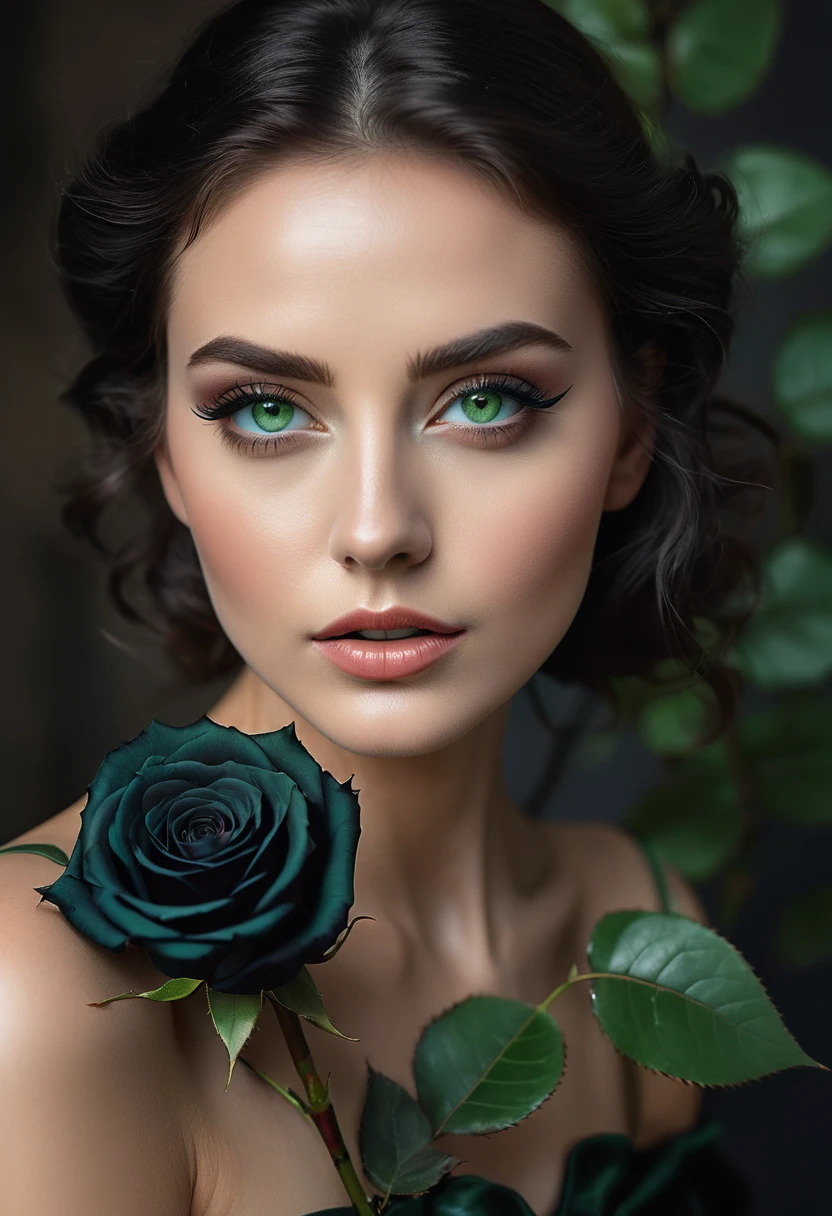 a woman with green eyes, flawless skin, half body shot, holding a black rose, whimsical photography style, captured with an Arriflex 35BL camera using Canon K25 prime lenses, cinematic, dramatic lighting, ultra clear, breathtaking surreal masterpiece.