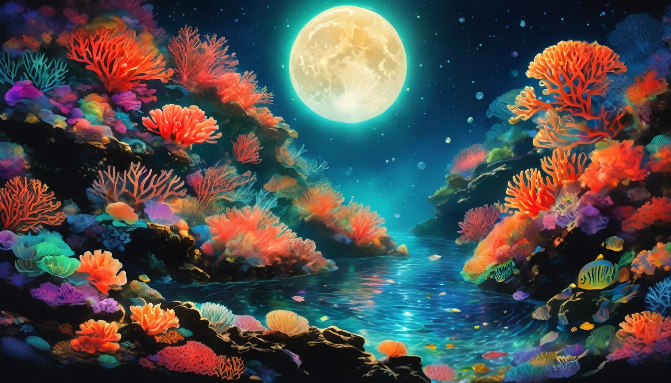 An illustration of a night ocean scene, with transparent waters that reveal the seabed. Coral in a spectrum of colors and small fish swimming are clearly visible. The moonlight illuminates the water, highlighting the coral and creating a serene, magical ambiance. Created Using: Krita, digital art, soft lighting, high-definition quality, fluid brush strokes, peaceful mood, intricate coral details, luminous reflections