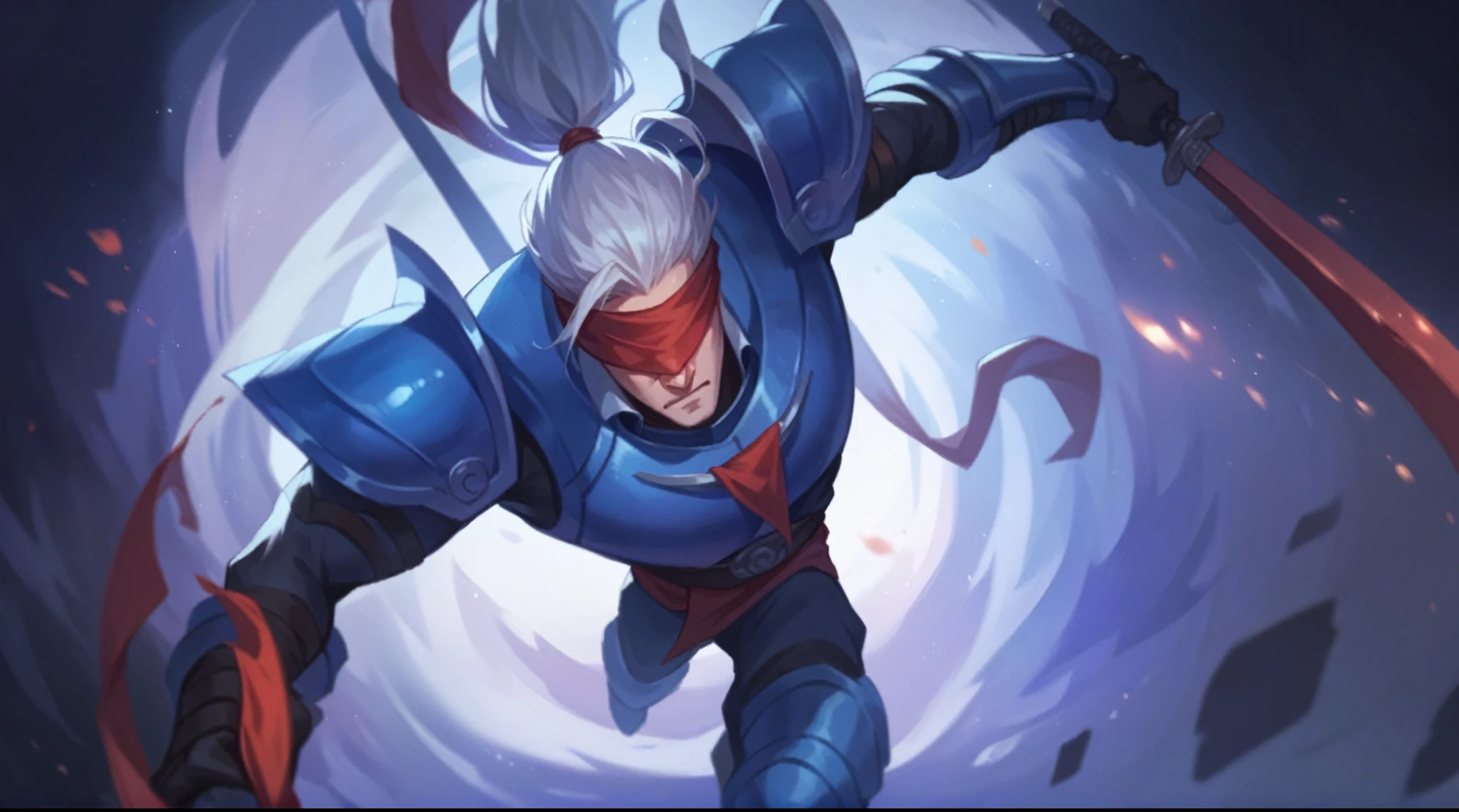 a man was carrying a sword and he was running fast, (white hair and eyes covered with red cloth and also wearing blue armor), it is said he was a ninja.