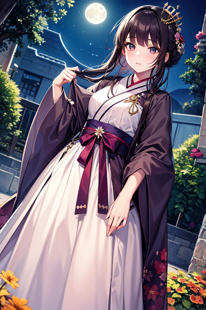 Highest quality, expensive_solve, clear_image, Detailed Background ,girl, hanbok,flower,garden,moon, night,Dutch Angle, Wide Shot, Crown,