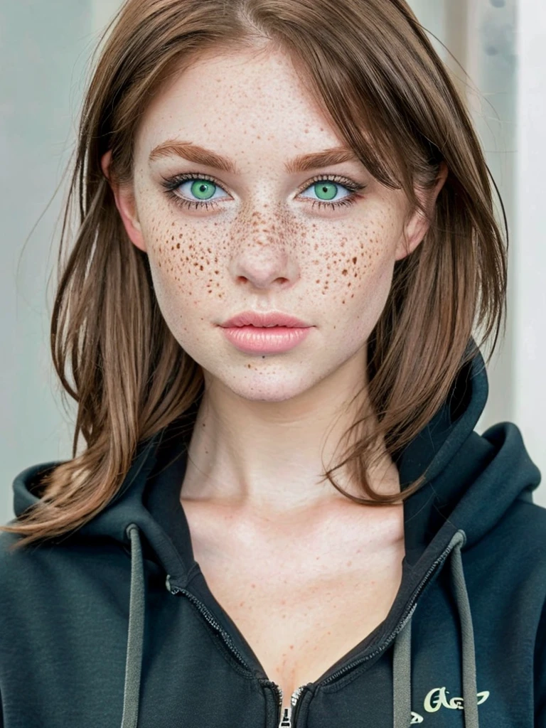 Girl with green eyes and brown hair has medium breasts has freckles and wearing a black hoodie, gloss
