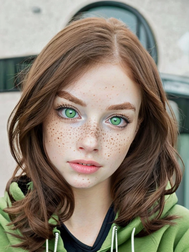 Girl with green eyes and brown hair has medium breasts has freckles and wearing a black hoodie, gloss