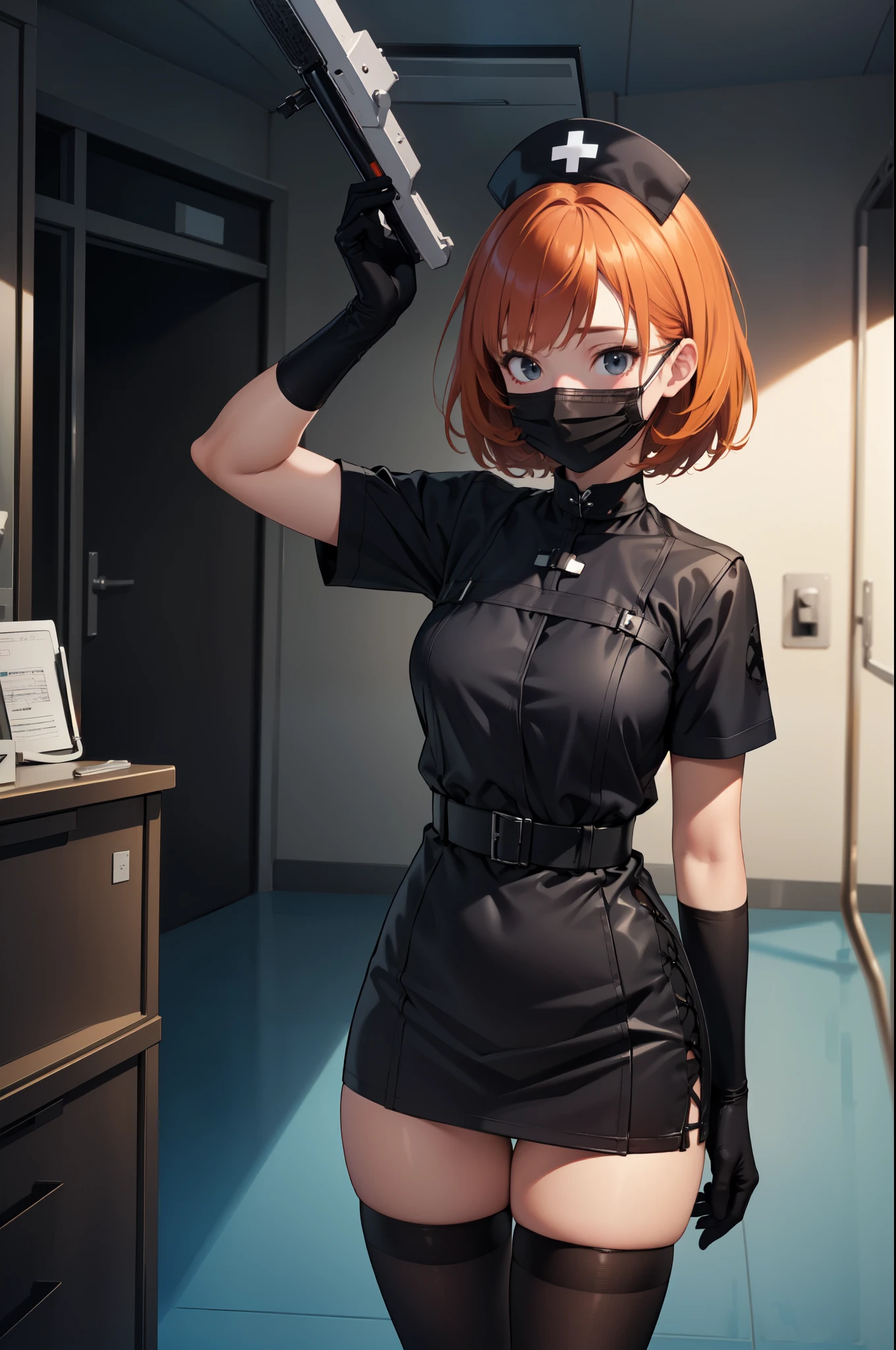 black nurse, 1girl, solo, black nurse cap, black nurse uniform, ((black legwear, zettai ryouiki)), black elbow gloves, very short hair, orange hair, ((black surgical mask, covered nose)), standing, ((surgery room)), sharp outline, short sleeves, tomboy, boyish, best quality, masterpiece