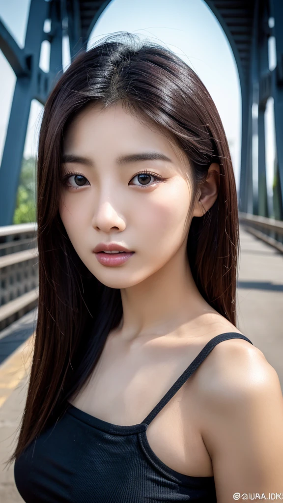 Extreme close-up of beautiful korean female, 34 inch breasts size, wearing black tank top, at the bridge, UHD