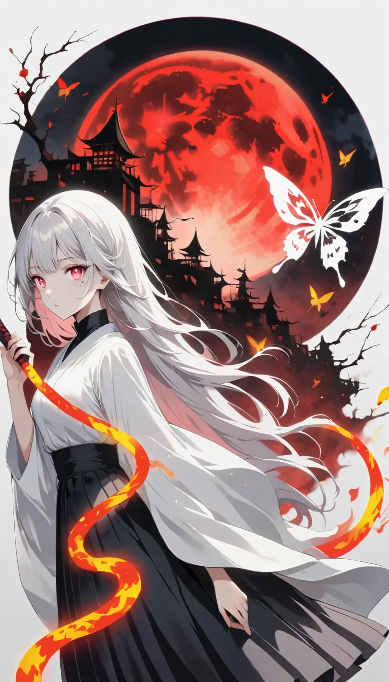 Blurred outline of existence, bright white eyes, ,Blurred outline of existence, Fully white glowing eyes,，White flowers on eyes，Fire  butterflys，Anime style，1 girl，Silver long hair，(((White spots on eyes：1.37)))，Black pleated skirt，Samurai sword in hand，Elegant Posture、Red Moon、dark purple tones，Elegant and atmospheric。，(((Fluorescent snake bones：1.37)))