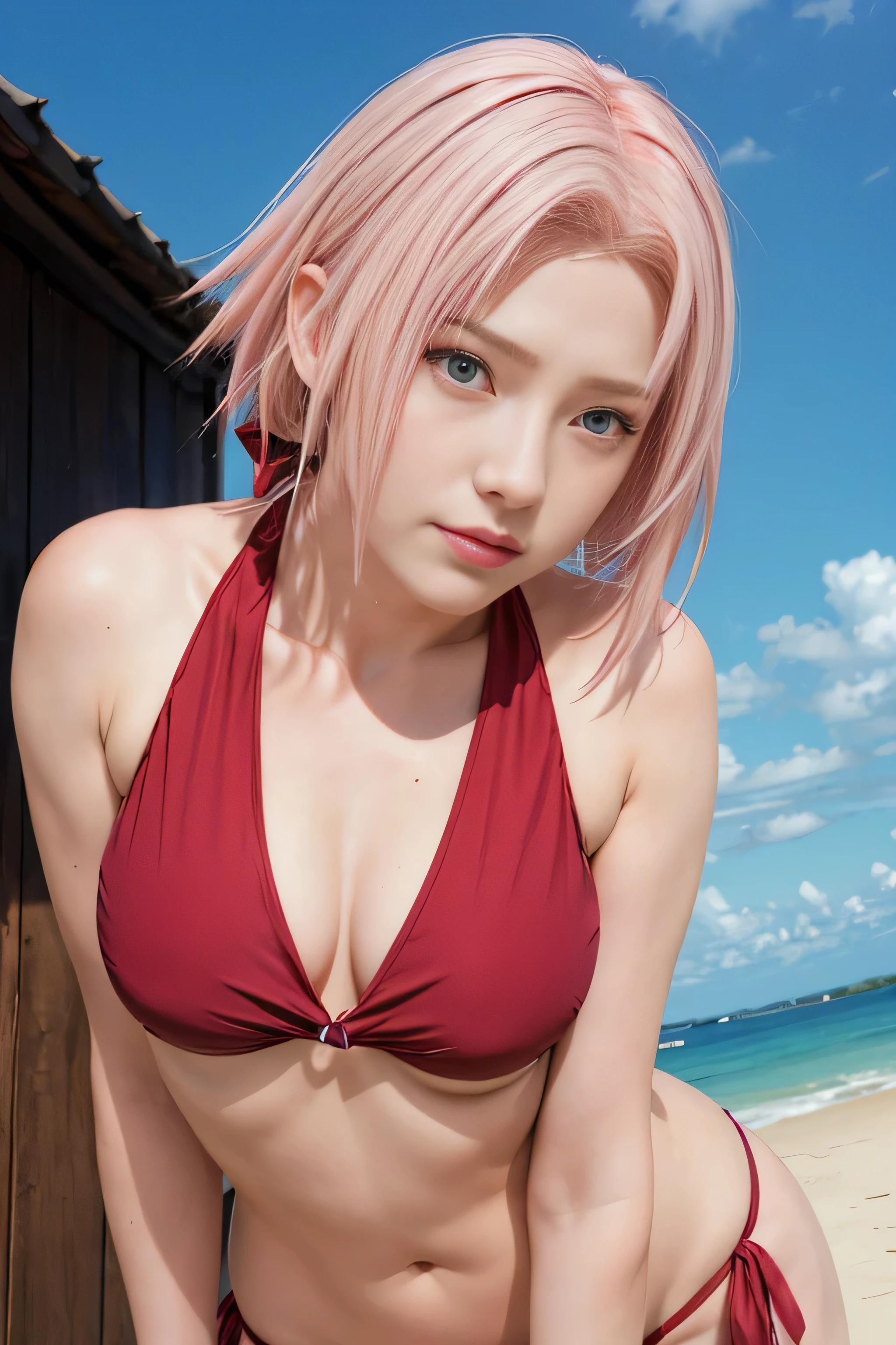 masterpiece, best quality, (realistic,photo-realistic:1.4), (RAW photo:1.2), extremely detailed CG unity 8k wallpaper, delicate and beautiful, amazing,finely detail, official art, absurdres, incredibly absurdres, huge filesize, ultra-detailed,extremely detailed eyes and face,light on face,little smile,(pink hair:1.4),short hair,(wearing red bikini:1.4),green eyes,garden,sakura haruno