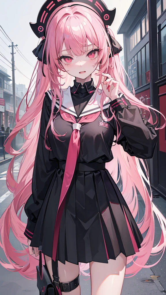 ((best quality)), ((masterpiece)), (detailed), 1girl, black_school_uniform, very_long_pink_hair, messy_hair, red_eyes, sharp eyes, sharp eyelashes, Japanese_school_building_entrance_gate_background, narrowed_eyes, orgasm face, pink_hair