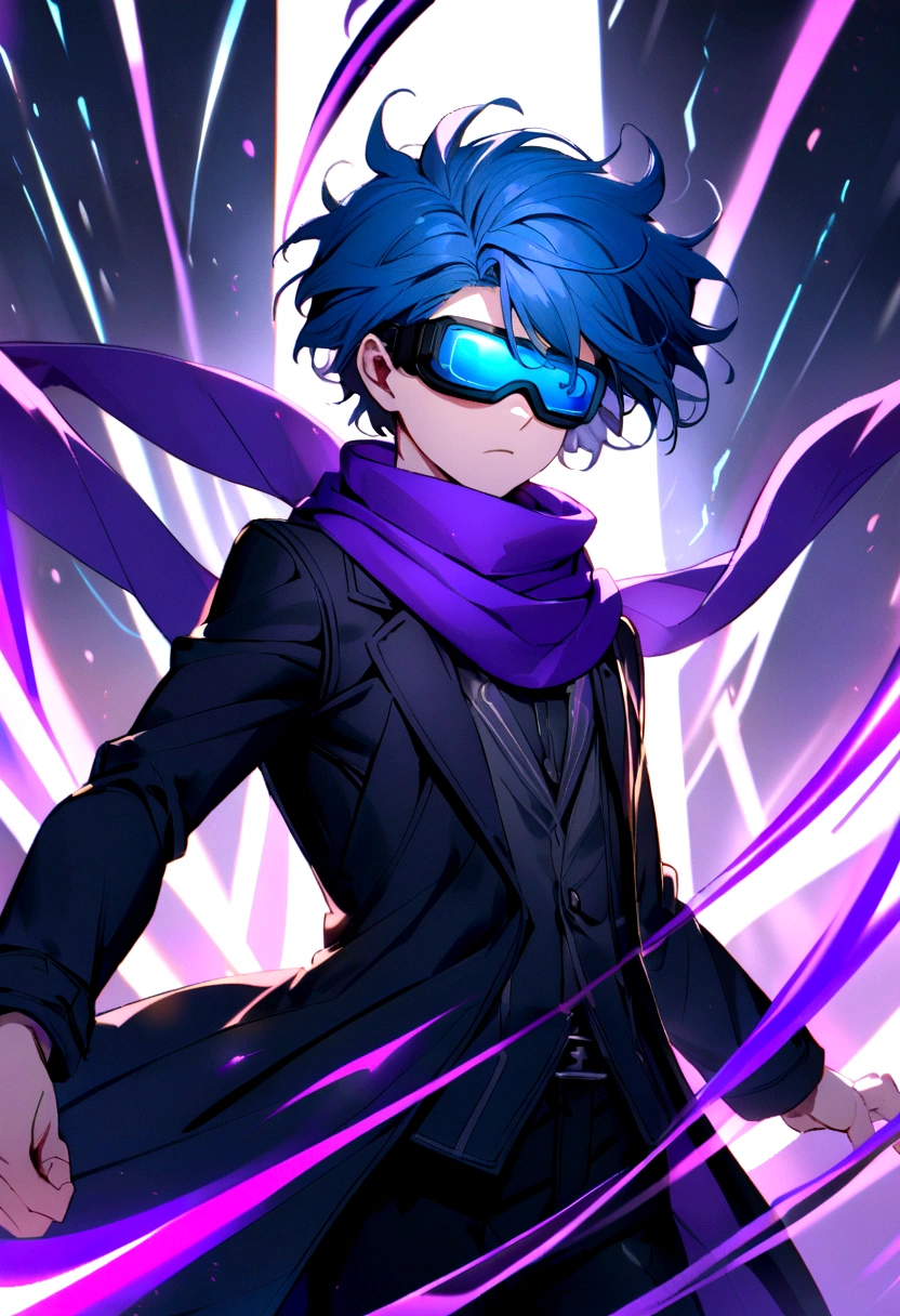 a young blue haired boy with virtual glasses and purple eyes who wears a black jacket with a purple scarf and black pants who has the power of infinity