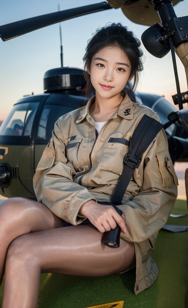 Photorealism、HD resolution，Realistic skin texture、18-year-old Korean female soldier in the US military，full-body shot，Beautiful and delicate face，A gentle smile facing the camera，Wearing sexy military uniform，Automatic Rifle，Military helicopter in the background